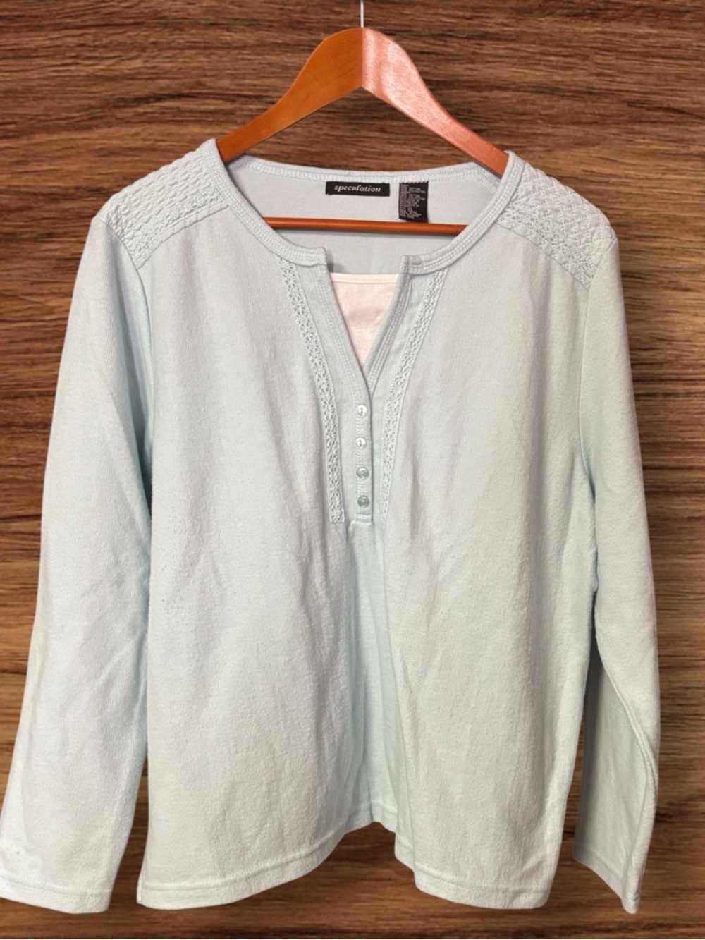 Speculation Women’s Long Sleeve Pale Baby Blue Textured Henley Top
